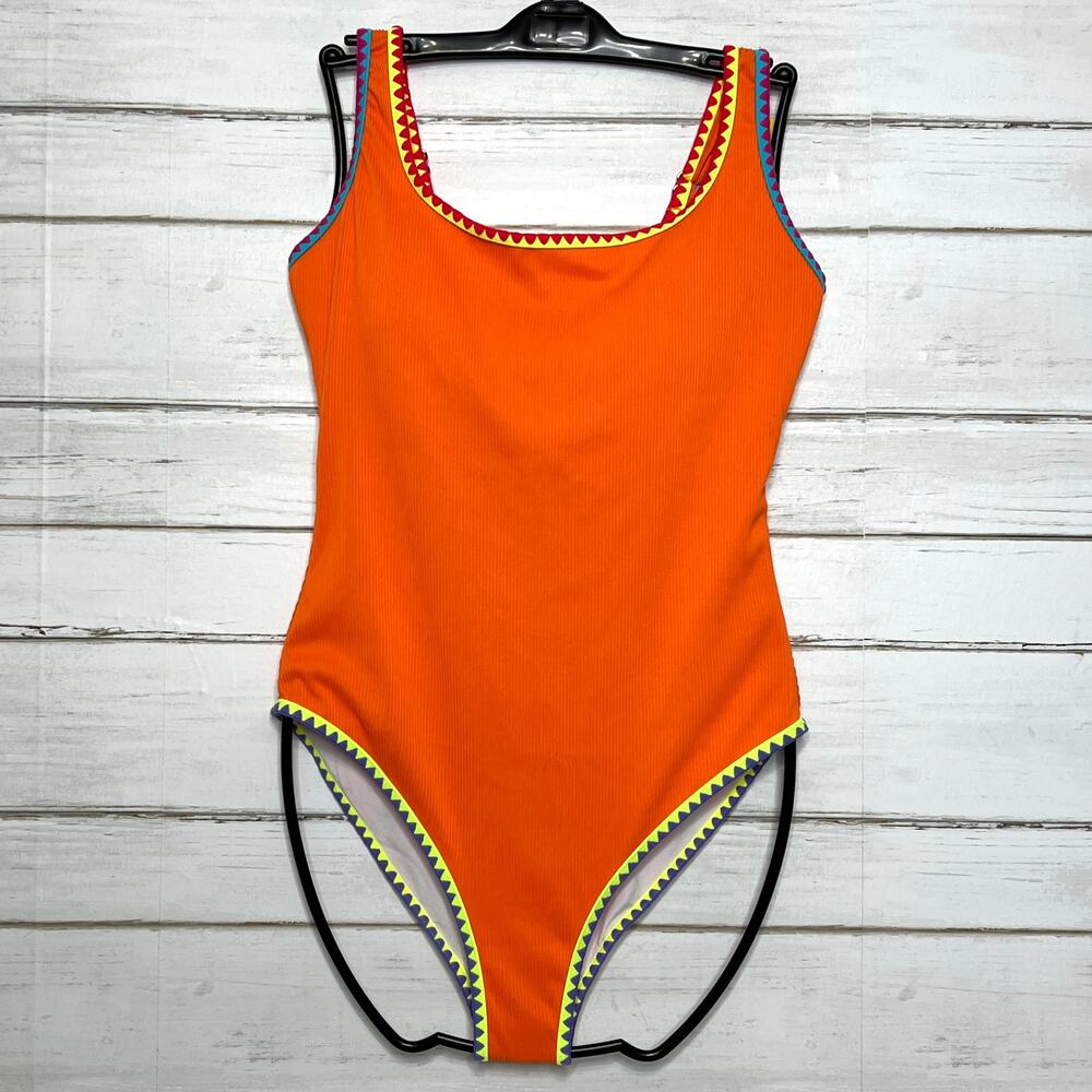 Popvill One Piece Swimsuit Orange Ribbed Neon Trim Scoop Neck Size Large